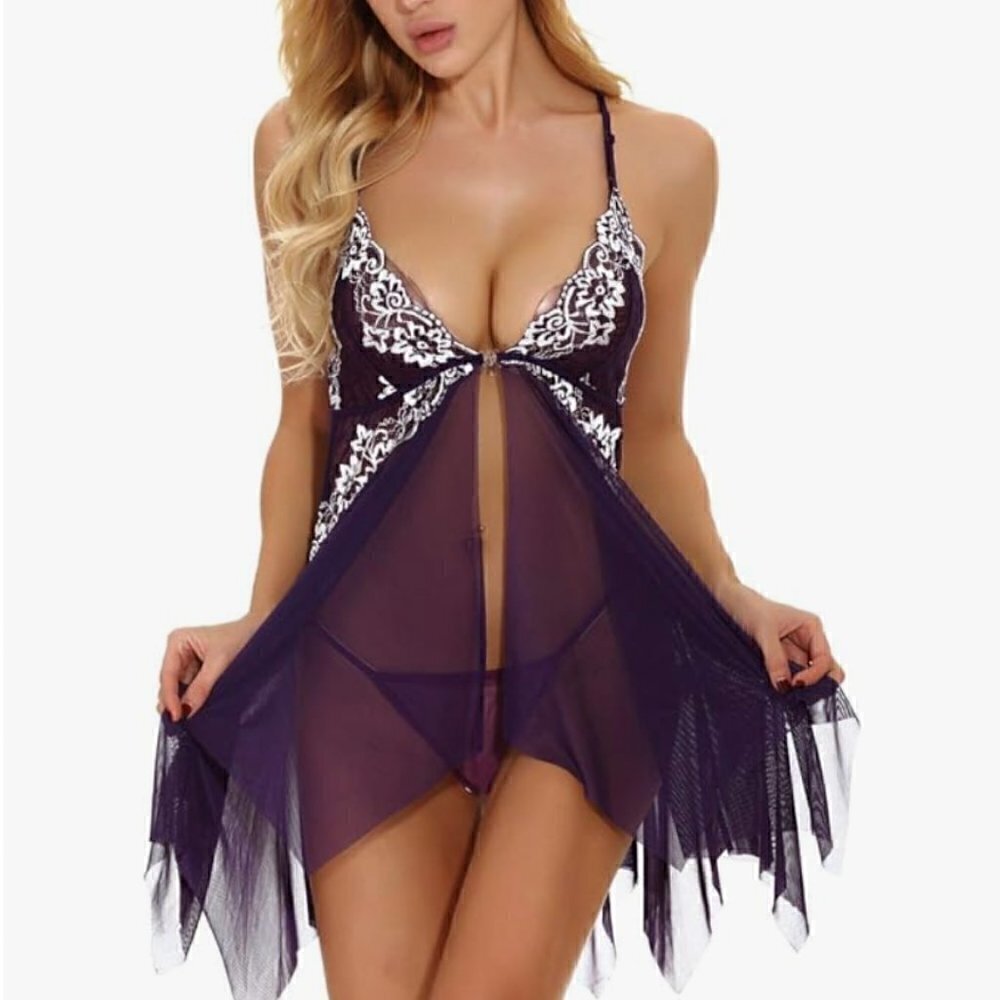 AvidLove Open Front Deep V Neck Soft Babydoll Lingerie Chemise Lace Size Large